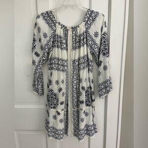 ZARA Trafaluc Boho Embroidered Blue White Off Shoulder Dress Size Medium Beachy